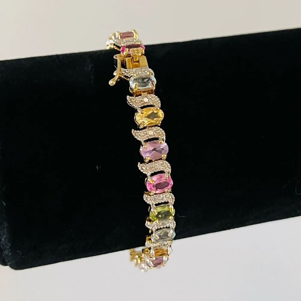 18K Yellow Gold over S/S, Gemstones 12.00CTW, Oval Bracelet w/Diamond Accent - Picture 3 of 13
